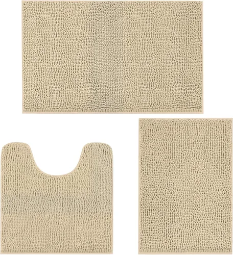 Miniatura 15 de Tapete de baño lavable a máquina, absorbe de agua, es antideslizante, suave y de microfibra, felpilla+F199:G228, Beige, 3 PCS