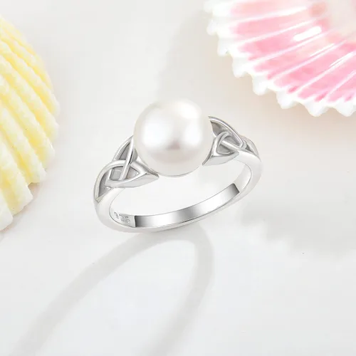 Miniatura 3 de STARCHENIE Anillos de perlas, anillo de compromiso de boda con nudo celta para mujer, anillo de plata de ley talla 5-10