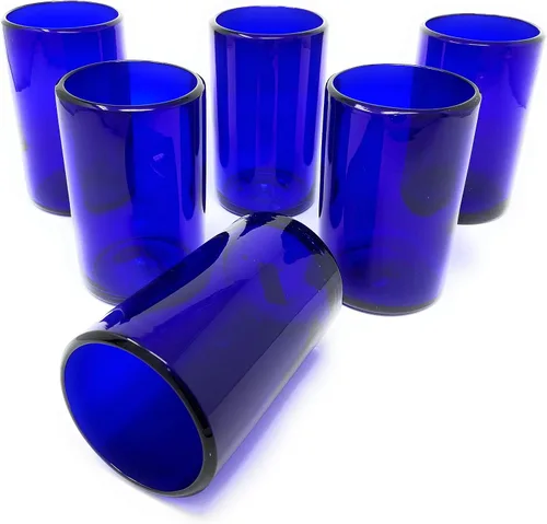 Miniatura 5 de Vasos mexicanos soplados a mano, juego de 6 vasos de agua de cobalto (14 onzas cada uno)