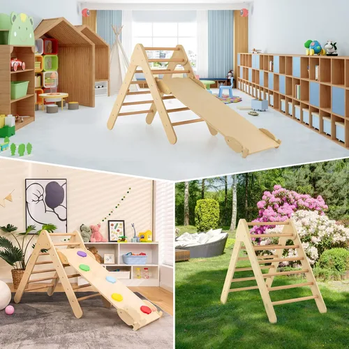 Miniatura 9 de OLAKIDS Pikler - Juego de triángulos 3 en 1, juguetes de escalada para niños pequeños, madera Montessori Baby Jungle Gym con rampa, escalera