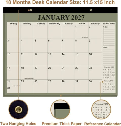 Miniatura 3 de Calendario de escritorio 2026-18 meses, de enero de 2026 a junio de 2027, calendario 2026-2027 con papel grueso para organización escolar en Beige