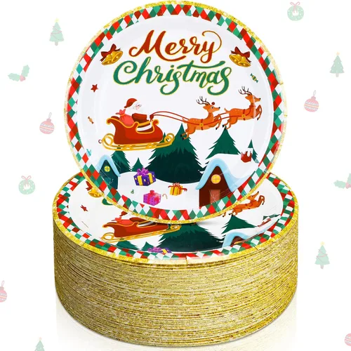 Miniatura 11 de Shellwei 100 platos de papel de Navidad de 7 pulgadas, platos de fiesta de Navidad a granel desechables para suministros de fiesta de Navidad