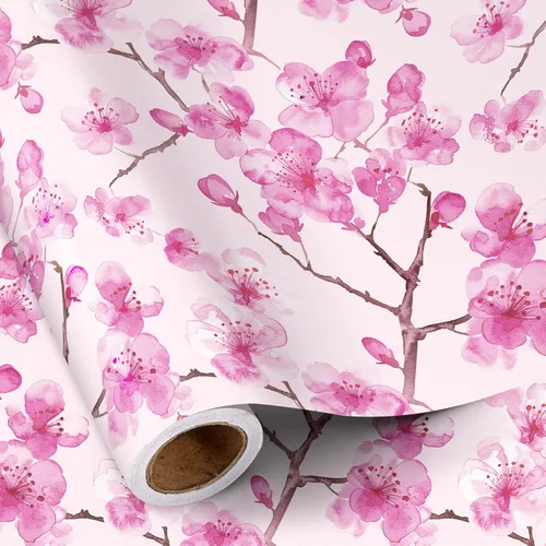 Miniatura 15 de RUSPEPA Papel de regalo reversible floral para niñas y mujeres, mini rollo, acuarela azul floral y azul sólido papel de regalo para cumpleaños, Rosa