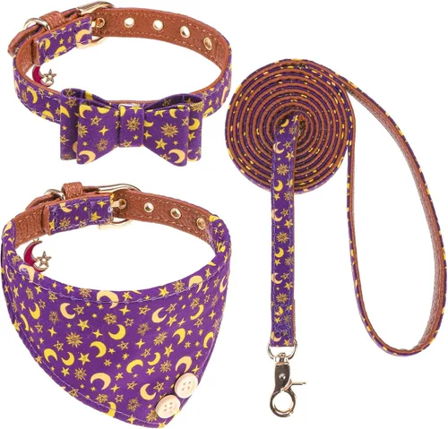 Miniatura 10 de EXPAWLORER Juego de collar y correa para perro - Corbata de moño clásica a cuadros para perro y collar bandana para perro con campana, correa