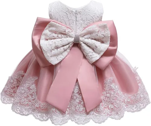 Miniatura 4 de Vestido de encaje y diadema formal con nudo de princesa y moño para niñas (color rojo sandía, 3-6 meses)