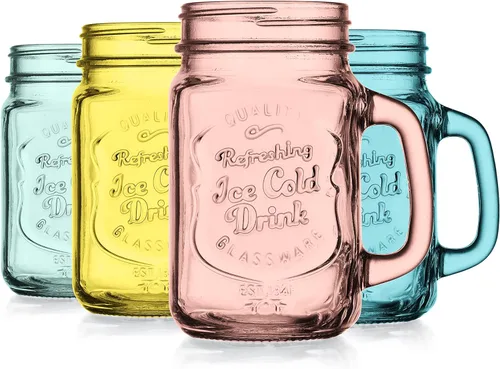 Glaver's Juego de Vasos para Beber Mason Jar de 4, 15 oz. Tazas de Colores con Logotipo en Relieve Ice-Cold Drinkware, Tarro de Vidrio Mason Jar con