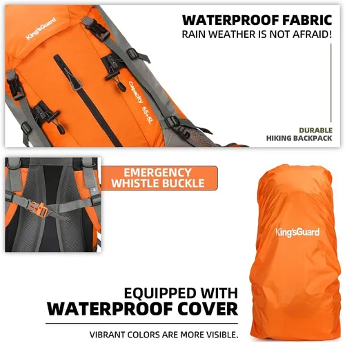 Miniatura 4 de Mochila de 70 L para Camping, Senderismo, Escalada al Aire Libre con Funda Impermeable para Lluvia Naranja