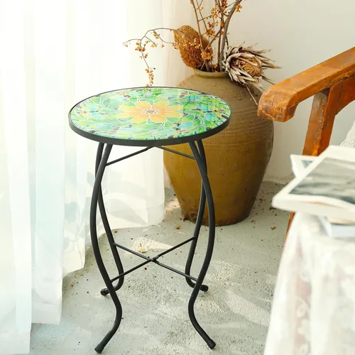 Miniatura 2 de VCUTEKA Mesa Auxiliar para Exteriores Mesa Auxiliar de Mosaico Mesa Auxiliar para Patio Mesa Auxiliar Pequeña con Tapa de Vidrio Mesa de Centro