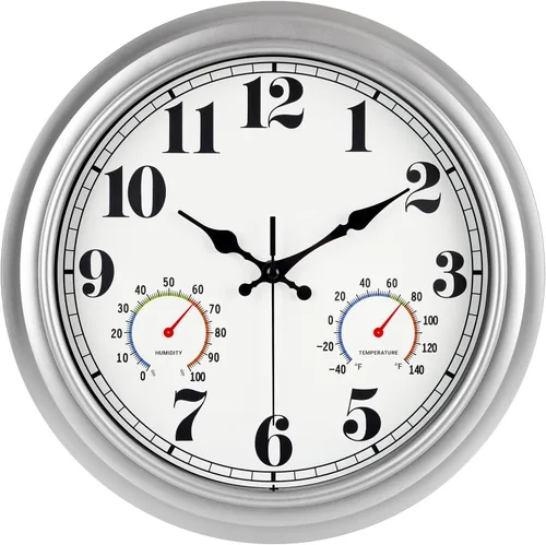Miniatura 16 de JENLYSTIME Reloj de pared retro impermeable de 12 pulgadas para interior/exterior con termómetro, silencioso, redondo, de cuarzo, funciona con 40