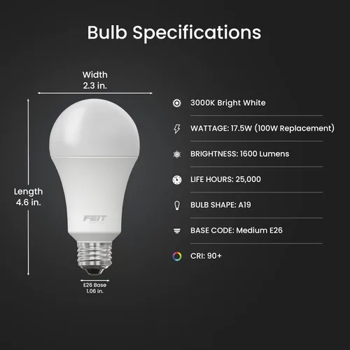 Miniatura 2 de Feit Electric Bombillas LED A19 equivalentes a 100 W, regulables, blanco brillante de 3000 K, 1600 lúmenes, vida útil de 22 años, base E26, CRI 90
