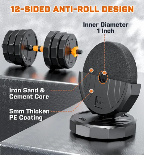 Miniatura 3 de 5-in-1 Adjustable Dumbbell Set, 33/44/66/88lbs Free Weights Set with Connector, Used as Kettlebells, Barbell, Push up Stand, Standard 1" Plates