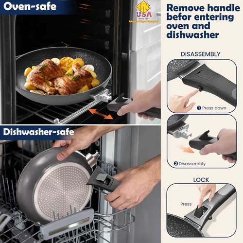 Miniatura 5 de ARC - Sartén antiadherente con mango extraíble, sartén de 10 pulgadas con tapa, sartén antiadherente, apta para horno y lavavajillas, sin PFOA