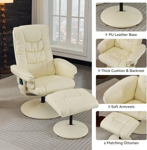 Miniatura 8 de Silla reclinable con otomana, silla de masaje giratoria de 360° con reposapiés, masaje de vibración de 5 puntos, calefacción de asiento y respaldo