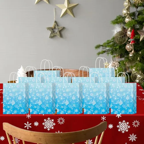 Miniatura 6 de HongXingHai Bolsas de regalo de Navidad con asas, paquete de 16 bolsas de papel kraft con diseño de copo de nieve, bolsas reutilizables para fiestas