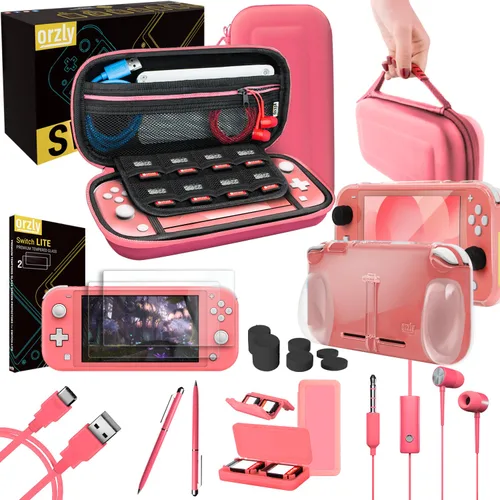 Orzly Accessories Bundle Compatible for use with Nintendo Switch Lite - Protective Case & Screen Protector, USB Cable, Games Holder, Grip Case, Coral