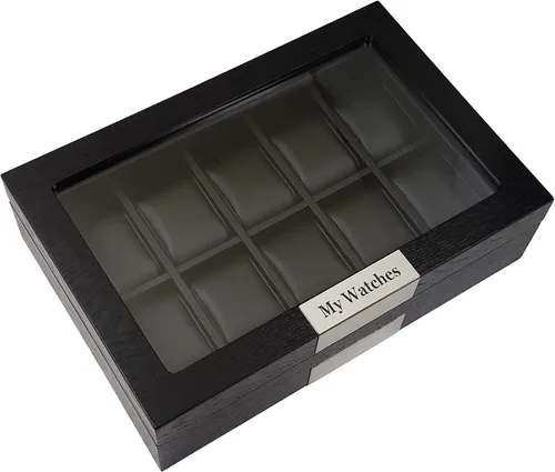 Miniatura 3 de TIMELYBUYS Caja organizadora de 10 piezas personalizada de madera negra con detalles de acero inoxidable