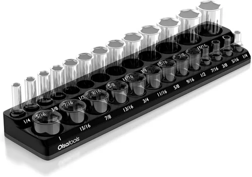 Miniatura 8 de Olsa Tools Portadados magnético, para dados métricos con cuadros de mando de 1/2 pulgada, color rojo, caben 19 dados, organizador de herramientas