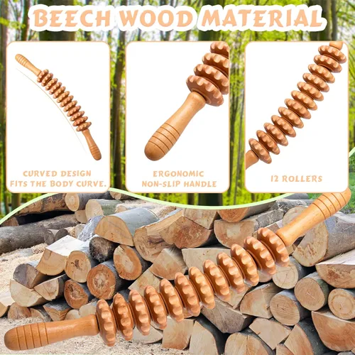Miniatura 6 de Herramientas de rodillo de masaje de terapia de madera curva, drenaje linfático, masaje de celulitis y rodillo muscular de madera para cintura