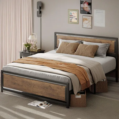 Miniatura 10 de Gizoon Cama de plataforma de metal Queen con cabecera de madera, listones de hierro de 15 pulgadas, gran almacenamiento debajo de la cama, sin Gris