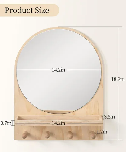 Miniatura 3 de Maxpeuvon Espejo de guardería, espejo circular bohemio para montaje en pared, estante de madera natural, arco colgante, decoración de pared moderna