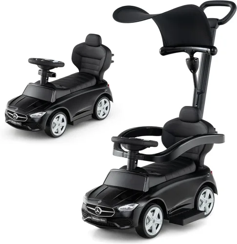 Costzon Coche de empuje para niños pequeños, 3 en 1 Mercedes Benz Cochecito deslizante caminador con toldo, mango, barra de seguridad, sonido de
