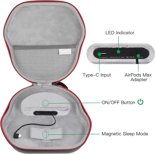 Miniatura 7 de Smatree Funda de carga para auriculares AirPods Max/AirPods Max 2, carga USB-C, bolsa de carga de batería de 2000 mAh con modo de suspensión, funda