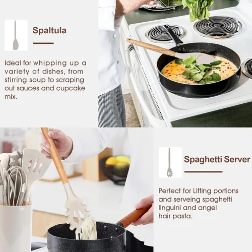 Miniatura 6 de E-far Juego de 6 Utensilios de Cocina, Utensilios de Cocina de Silicona con Mango de Madera, Compatibles con Utensilios de Cocina Antiadherentes