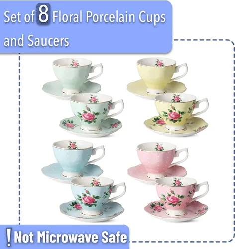 Miniatura 2 de BTAT - Juego de 8 tazas de té y platillos florales (8 onzas), juegos de tazas de té de porcelana, colores surtidos con ribete dorado y caja