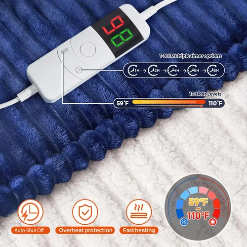 Miniatura 2 de Manta eléctrica Queen de 84 x 90 pulgadas con doble control, protección contra sobrecalentamiento, 10 niveles de calefacción y 1-8 horas 5 ajustes