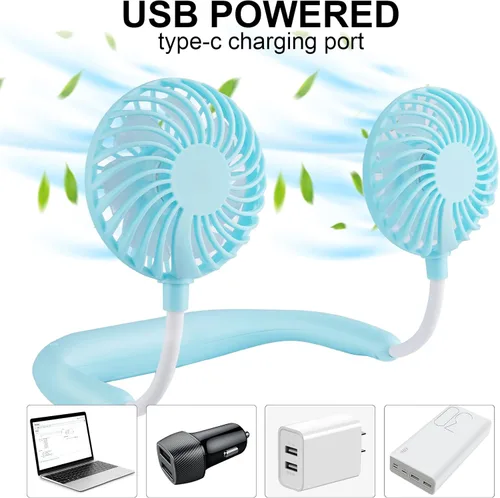 Miniatura 6 de Ventilador portátil para el cuello de mano libre, USB, cuelga del cuello, rotación libre de 360 grados, ventilador de refrigeración personal de Azul