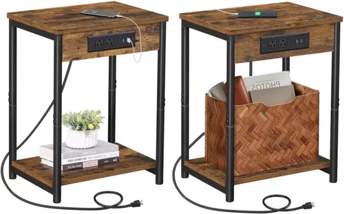 Miniatura 11 de TUTOTAK Mesita de noche con estación de carga, mesa auxiliar, mesa auxiliar con USB, 21.8 pulgadas de alto con estante de almacenamiento, mesa