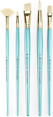 Royal & Langnickel Menta - Juego de 5 pinceles angulares de mango largo para pinturas acrílicas y al óleo, incluye pinceles angulares, filbert,
