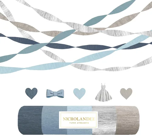 NICROLANDEE 5 rollos de serpentinas de papel crepé azul polvoriento, gris, plateado, para decoración de bodas, guirnalda de papel para decoración de