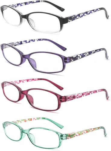 Paquete de 4 lentes de lectura con bloqueo de luz azul, lectores de bisagra de resorte para mujer con patrón impreso, anteojos UV antirreflejos para