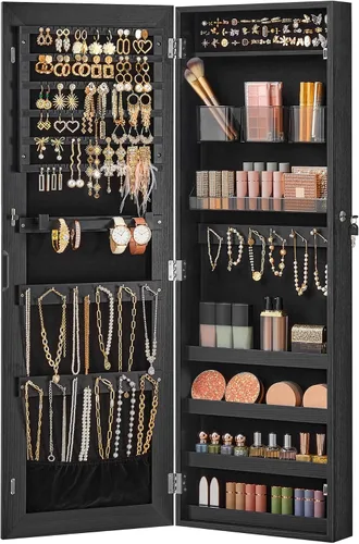 Miniatura 9 de SONGMICS Gabinete colgante de joyería, gabinete de pared con luces interiores LED, organizador de joyas montado en la puerta, espejo de cuerpo Blanco