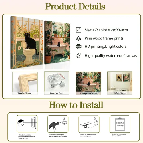 Miniatura 3 de Divertido Juego de Arte de Pared de Gato Negro para Baño de 2 Piezas, Pinturas Decorativas de Pared de Gato Negro Ecléctico en Baño, Póster