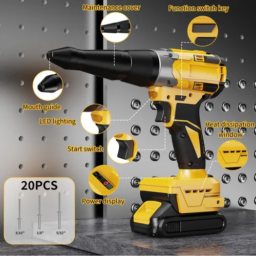 Miniatura 6 de Pistola de remache eléctrica compatible con batería Dewalt de 20 V, herramienta de remache inalámbrica con 3 tamaños