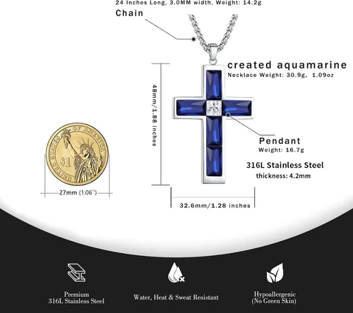Miniatura 11 de Collar de cruz para hombre, piedras preciosas de color piedra natal de circonita cúbica, collar de acero inoxidable para hombre, cadena de 24