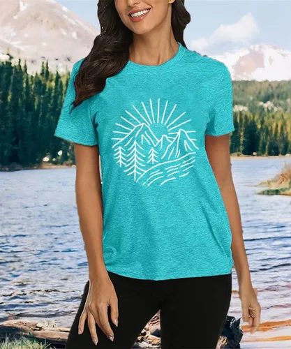 Miniatura 108 de Camisetas sin mangas de senderismo y montaña para mujer, divertidas camisetas de entrenamiento con gráficos de pino y amanecer, camisetas de verano
