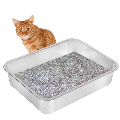 Miniatura 3 de Kichwit Caja de arena para gatos de acero inoxidable, bandeja de arena para gatitos, bandeja de arena de metal para gatos, superficie lisa