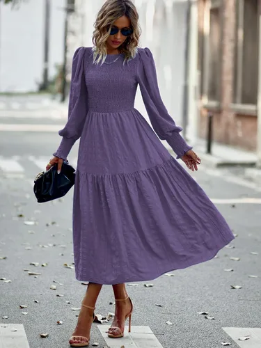 Miniatura 3 de PRETTYGARDEN Women 2024 Puff Long Sleeve Crewneck Smocked Maxi Dress Solid Empire Waist Tiered A-line Swing Flowy Long Dress