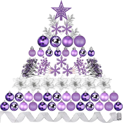 Miniatura 17 de Sratte 94 piezas de adornos para árbol de Navidad, adornos de bolas de Navidad con purpurina, flores de nochebuena, decoraciones con bayas Azul