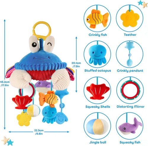 Miniatura 4 de Juguetes de Asiento de Carro para Bebés de 0-6 Meses, Juguete Colgante Sensorial de Cangrejo de Peluche para Cochecito, Cuna y Gimnasio de Juego
