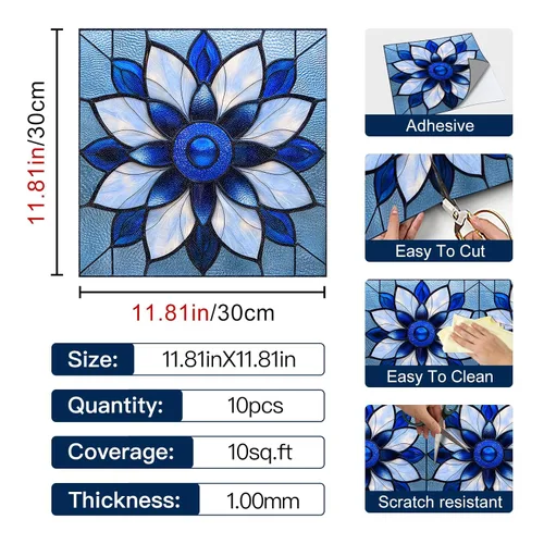 Miniatura 2 de IVN 10 piezas azulejos de suelo de 12x12 pulgadas de vidrio manchado azul con patrón de flores, despegar y pegar, removibles, pegatinas de vinilo