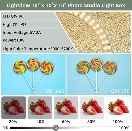 Miniatura 4 de Lightdow Caja de luz de estudio fotográfico de 10 x 10 x 10 pulgadas con 96 LED (CRI>95), 6 telones de fondo, portátiles, regulables, versátiles
