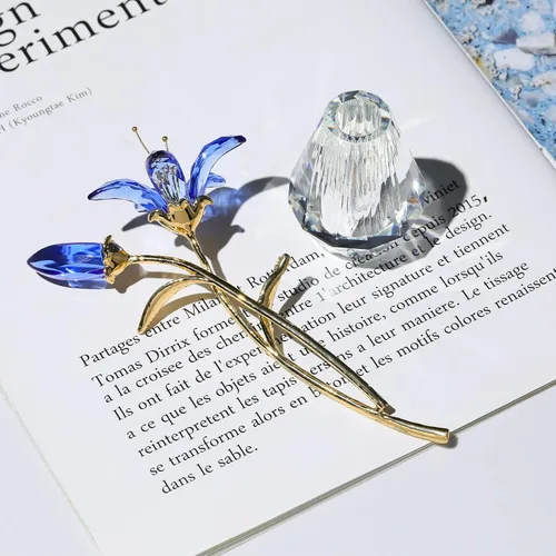 Miniatura 2 de Ornalrist Flores de lirio de tigre de cristal con jarrón, tallo de metal, flor de lirio azul, regalos coleccionables para mujeres, figuras florales