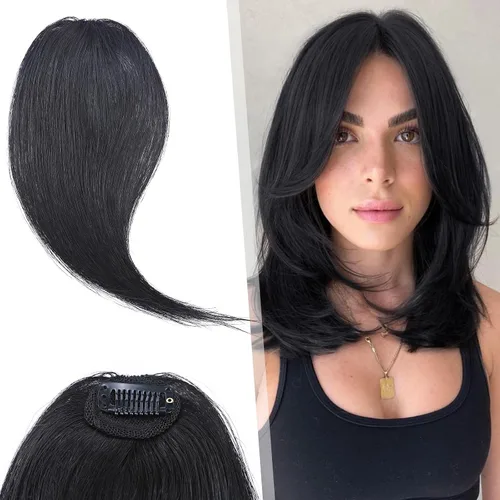 Miniatura 7 de Hairro Extensiones de flequillo lateral ondulado con clip, 100% cabello humano, 2 piezas con clip en la parte media, flequillo francés, lados