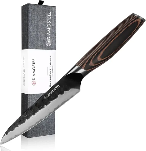 Cuchillo utilitario – Cuchillo profesional de cocina de 5 pulgadas – Hoja de óxido negro martillado japonés 9CR18MOV acero inoxidable de alto