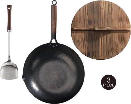 Miniatura 2 de New Star Foodservice 1029154 Acero al carbono martillado a mano, acero al carbono Wok antiadherente, incluye fondo redondo de 12.7 pulgadas, tapa