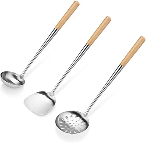 New Star Foodservice Juego de utensilios de wok chino especializados de acero inoxidable de grado comercial, espátula, cucharón sólido y perforado,